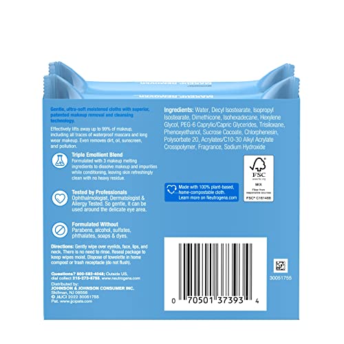 Neutrogena Makeup Remover Wipes, Daily Facial Cleanser Towelettes, Gently Cleanse and Remove Oil & Makeup, Alcohol-Free Makeup Wipes, 2 x 25 ct.