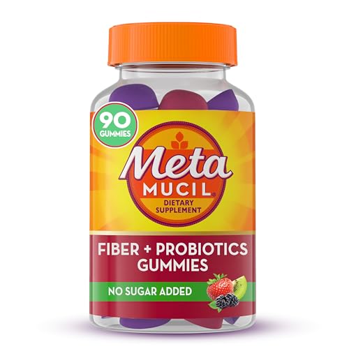 Metamucil Fiber Gummies Plus Probiotics for Digestive Health, No Sugar Added, Daily Supplement, Prebiotic Plant-Based Fiber Blend, Strawberry Kiwi Blackberry Flavored, 90 Gummies