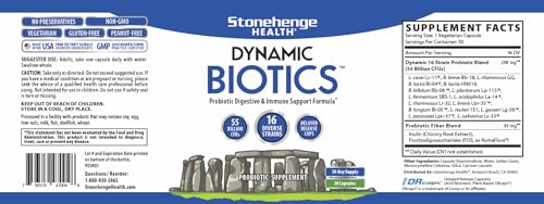 Stonehenge Health Probiotics 55 Billion CFU - 16 Strains, Prebiotic, Synbiotics Dynamic Biotics - Lactobacillus Acidophilus, Delayed Release, Shelf Stable, Non-GMO Gluten Free Veggie Capsule