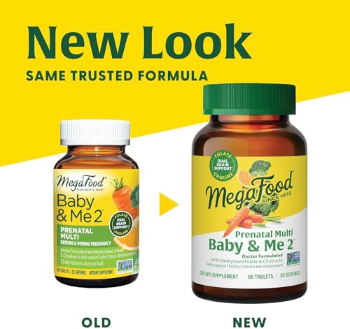 MegaFood Baby & Me 2 Prenatal Vitamin and Minerals - Vitamins for Women - with Folate (Folic Acid Natural Form), Choline, Iron, Iodine, and Vitamin C, Vitamin D and more - 120 Tabs (60 Servings)