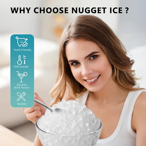 EUHOMY Nugget Ice Maker Countertop with Handle, Ready in 6 Mins, 34lbs/24H, Removable Top Cover, Auto-Cleaning, Portable Sonic Ice Maker with Basket and Scoop, for Home/Party/RV/Camping. (Silver)