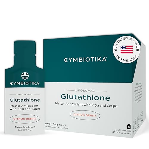 CYMBIOTIKA Glutathione with PQQ & CoQ10, Liposomal Delivery, Reduced Glutathione Supplement 150 mg, for Energy, Gut Health & Immune Support, Natural Antioxidant for Men & Women, Citrus Berry, 25 Pack