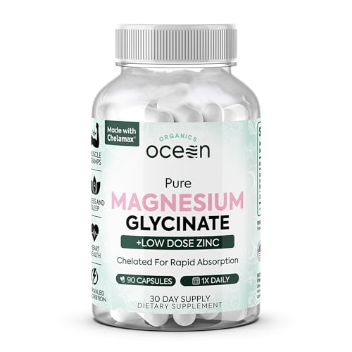 Organics Ocean Pure Magnesium Glycinate with Zinc - Maximum Strength Chelated Magnesium Supplement for Women and Men for Muscle Cramps and Sleep Support - 90 Capsules