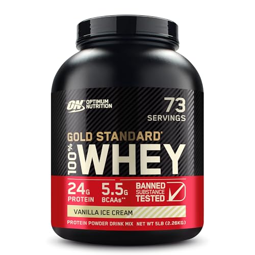 Optimum Nutrition Gold Standard 100% Whey Protein Powder, Vanilla Ice Cream, 5 Pound (Packaging May Vary)