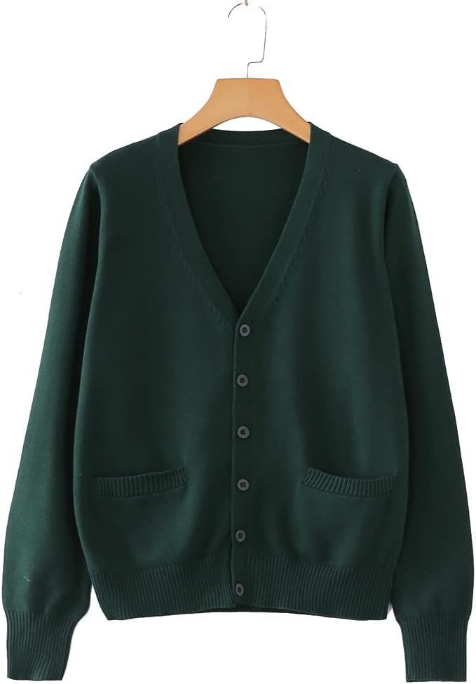 Blostirno Women's Cardigan School Uniform Sweater Cardigans V-Neck Long Sleeve Button Down Knit with Pockets