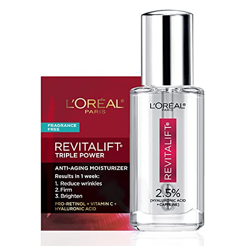 L'Oreal Paris Revitalift Hyaluronic Acid + Caffeine Hydrating Eye Serum for Dark Circles, Fragrance Free .67 fl. oz + Moisturizer Sample