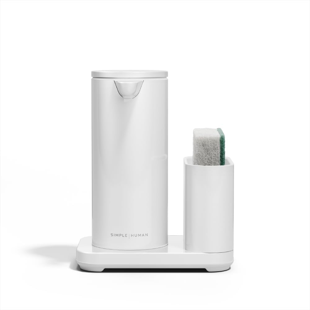 simplehuman Liquid Sensor Pump with Caddy, 9 oz Automatic Soap Dispenser for Kitchen and Bathroom, Touchless Motion Sensor, Variable Dispense, Rechargeable, High-Grade White Steel