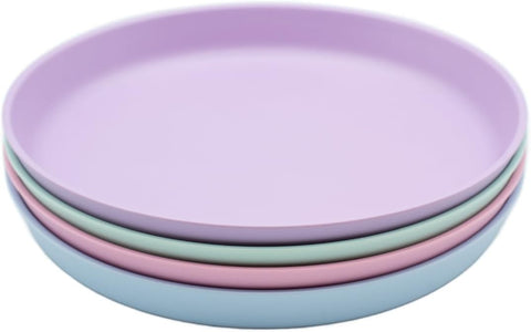 WeeSprout Bamboo Plates, Set of 4, Kid-Sized Dinnerware, Dishwasher Safe Melamine Dishware (Pastel Blue, Mint, Purple & Pink, Without Lids)