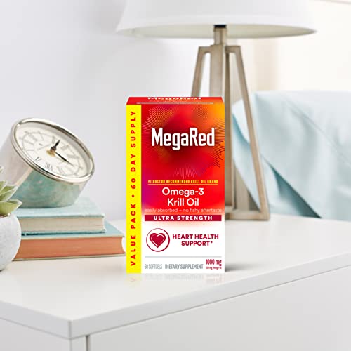 MegaRed #1 Doctor Recommended Krill Oil Brand - 1000mg Omega 3 Supplement with EPA, DHA, Astaxanthin & Phospholipids, Supports Heart, Brain, Joint and Eye Health, No Fish Aftertaste 60 Softgels