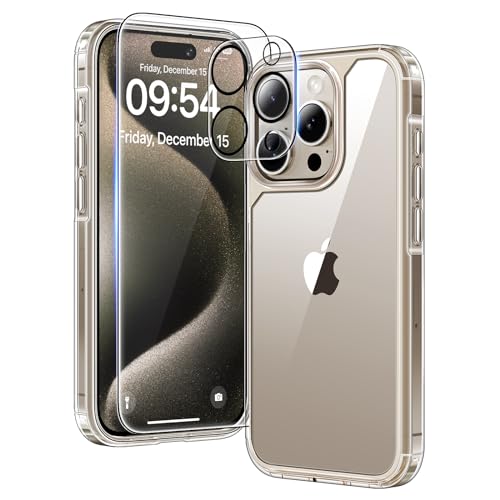 TAURI 5 in 1 for iPhone 15 Pro Case Clear, [Not-Yellowing] with 2X Screen Protector + 2X Camera Lens Protector, [15 FT Military Grade Protection] Slim Shockproof Case for iPhone 15 Pro 6.1 Inch