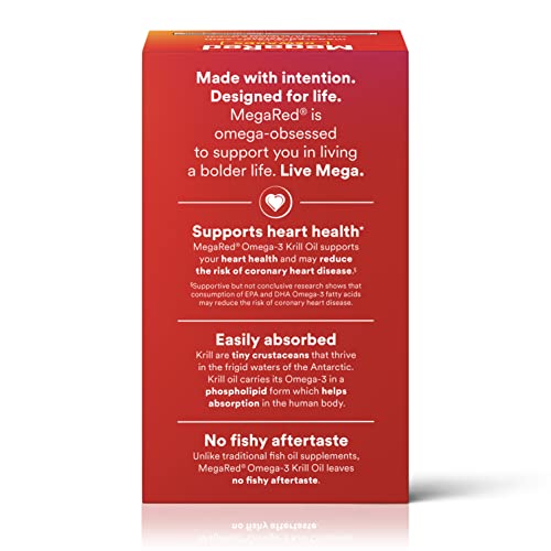 MegaRed Antarctic Krill Oil 500mg Omega 3 Fatty Acid Supplement, Extra Strength EPA & DHA Softgels (90cnt box), Antioxidant Astaxanthin, Heart Health Supplement With No Fish Oil Aftertaste