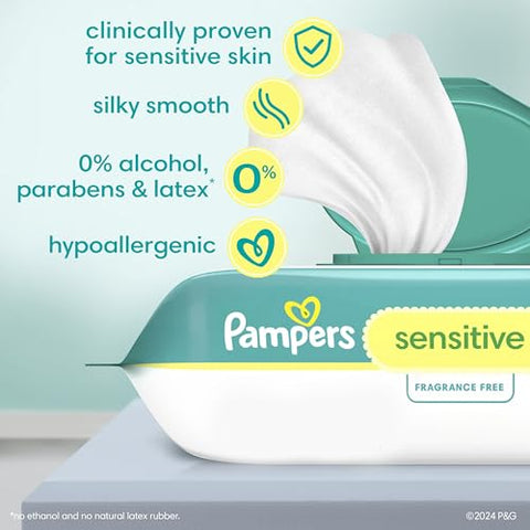 Pampers Baby Wipes Sensitive, Water Based Baby Wipes, Hypoallergenic and Unscented Baby Wipes, 1008 Wipes Total (12 Flip-Top Packs)