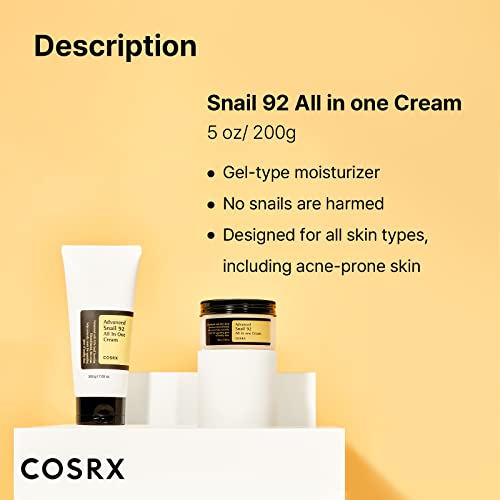 COSRX Snail Mucin 92% Moisturizer, Daily Repair Face Gel Cream Tube Type for Dry, Sensitive Skin, Not Tested on Animals, No Parabens, No Sulfates, No Phthalates, Korean Skincare (7.05Fl Oz / 200g)