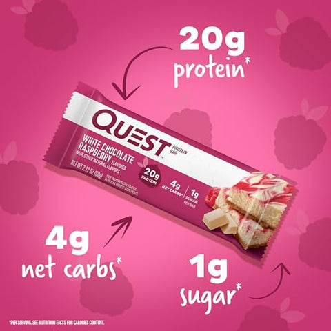 Quest Nutrition White Chocolate Raspberry Protein Bars, 20g Protein, 1g Sugar, 5g Net Carb, Gluten Free, Keto Friendly, 12 Count