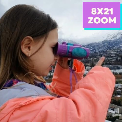 Kids Binoculars 8x21 Purple- Girls Age 3-12, Shock Proof Compact Binoculars for Kids Set- Neck Strap, Compass, Carabiner, Case- High-Resolution Optics Child Gift Toy for Bird Watching, Camping, Travel