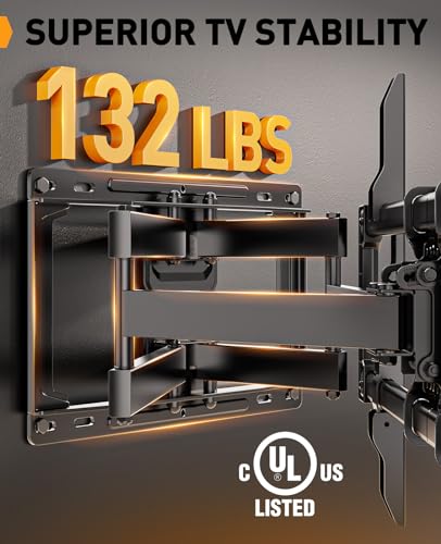 Perlegear UL Listed Full Motion TV Wall Mount for Most 42–84 inch Flat Curved TVs up to 132 lbs, 12″/16″ Wood Studs, Bracket with Articulating Arms, Swivel, Tool-Free Tilt, Max VESA 600x400mm PGLF12