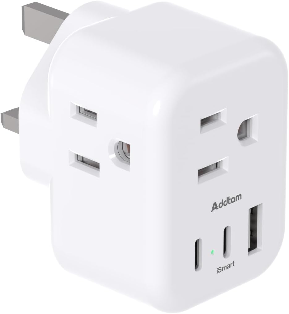 Addtam US to UK Travel Plug Adapter with3 Outlets 3 USB Ports(2 USB C)