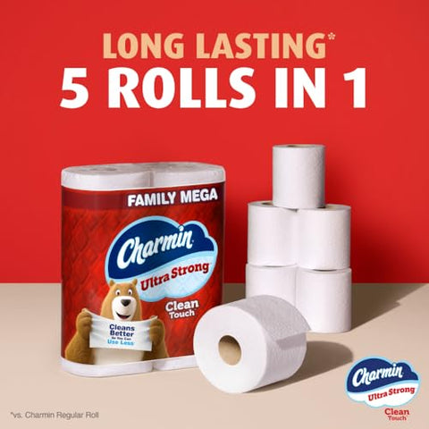 Charmin Toilet Paper Ultra Strong Clean Touch, 18 Family Mega Rolls = 90 Regular Rolls (Packaging May Vary), Household Essentials, Bathroom Essentials