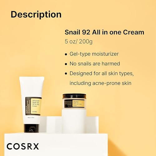 COSRX Snail Mucin 92% Moisturizer, Daily Repair Face Gel Cream Tube Type for Dry, Sensitive Skin, Not Tested on Animals, No Parabens, No Sulfates, No Phthalates, Korean Skincare (7.05Fl Oz / 200g)