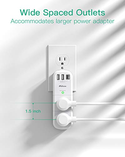 USB Outlet Extender Surge Protector - with Rotating Plug, 6 AC Multi Plug and 3 USB Ports (1 C), 1800 Joules, 3-Sided Swivel Power Strip Spaced Splitter for Home, Office, Travel