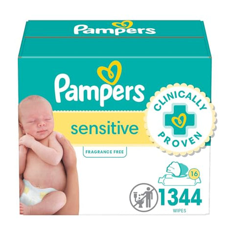 Pampers Baby Wipes Sensitive, Water Based Baby Wipes, Hypoallergenic and Unscented Baby Wipes, 1344 Wipes Total (16 Flip-Top Packs)