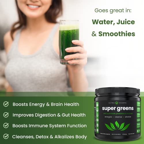 NutraChamps Super Greens Powder Premium Superfood | 20+ Organic Green Veggie Whole Foods | Wheat Grass, Spirulina, Chlorella & More | Antioxidant, Digestive Enzyme & Probiotic Blends