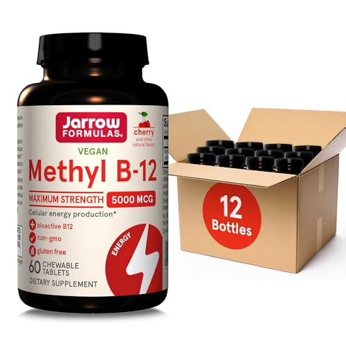 Jarrow Formulas Maximum Strength Methyl B-12 5000 mcg, Dietary Supplement for Cellular Energy Production and Brain Health Support, 60 Cherry-Flavored Chewable Tablets, 60 Day Supply, Pack of 12