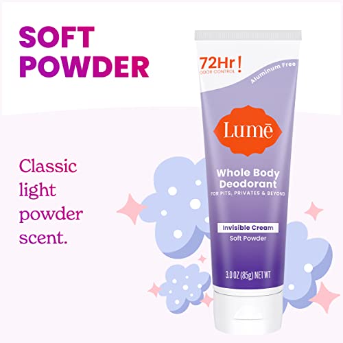 Lume Whole Body Deodorant - Invisible Cream Tube - 72 Hour Odor Control - Aluminum Free, Baking Soda Free, Skin Safe - 3.0 ounce (Pack of 2) (Soft Powder)