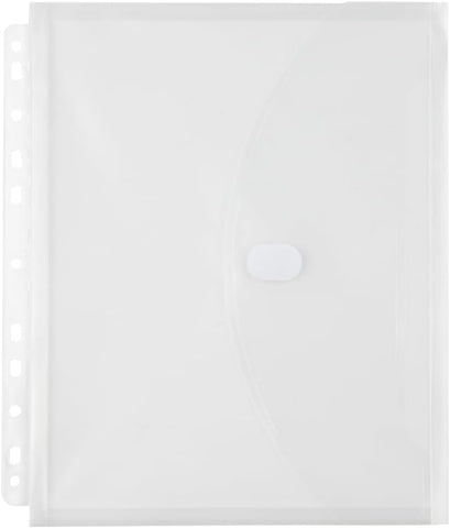 JAM PAPER Plastic 3 Hole Punch Binder Envelopes with Hook & Loop Closure - Letter Booklet - 9 1/2 x 11 1/2 with 1 Inch Expansion - Clear - 12/Pack