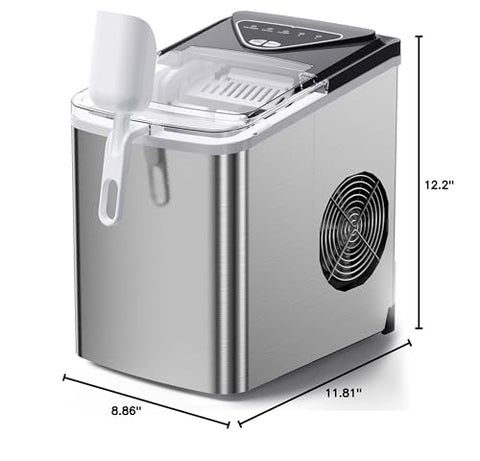 Silonn Countertop Ice Maker, 9 Ice Cubes in 6 Mins, 26 Lbs in 24 Hrs, Compact Ice Machine with Ice Basket & Scoop, 2 Ice Sizes Self-Cleaning Ice Maker for Home/Party/Office, Stainless Steel