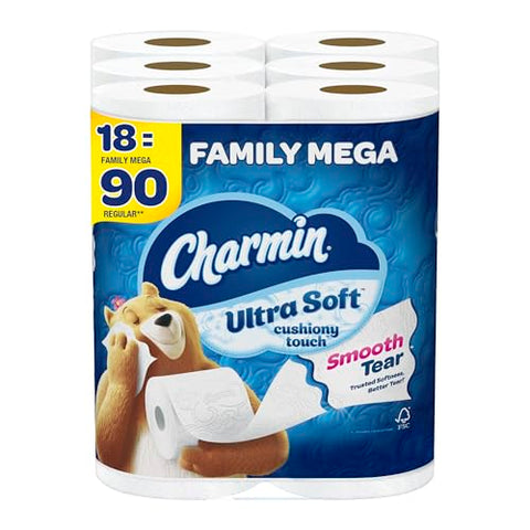 Charmin Toilet Paper Ultra Soft Cushiony Touch, 18 Family Mega Rolls = 90 Regular Rolls