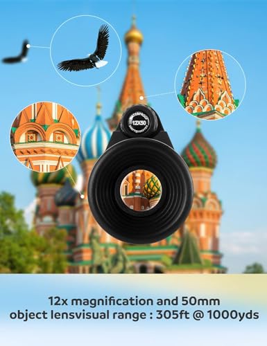 12x50 High-Power Monocular Telescope with Smartphone Tripod, Portable Bag - Ideal for Bird Watching, Hunting, Hiking, Camping - Large Vision with BAK4 Prism and FMC Lens Technology