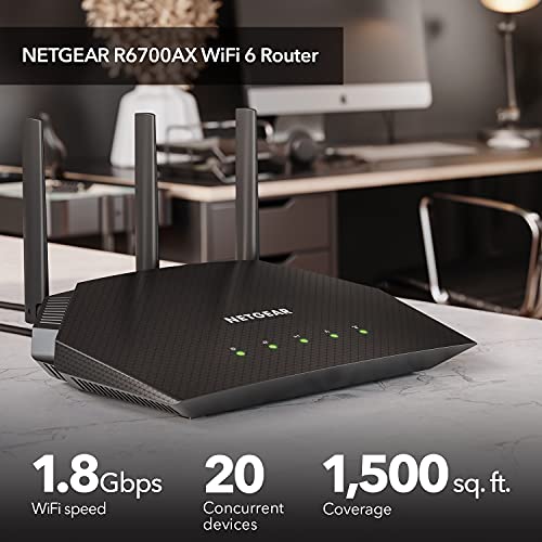 NETGEAR 4-Stream WiFi 6 Router (R6700AX) – AX1800 Wireless Speed (Up to 1.8 Gbps) | Coverage up to 1,500 sq. ft., 20 devices