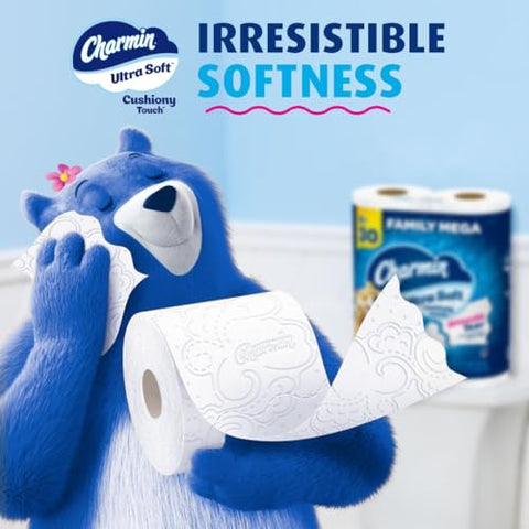 Charmin Toilet Paper Ultra Soft Cushiony Touch, 18 Family Mega Rolls = 90 Regular Rolls