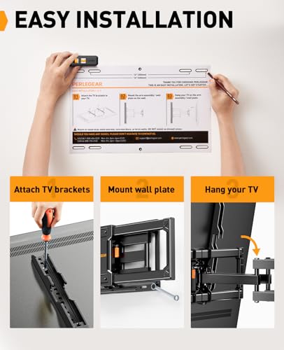 Perlegear UL Listed Full Motion TV Wall Mount for Most 42–84 inch Flat Curved TVs up to 132 lbs, 12″/16″ Wood Studs, Bracket with Articulating Arms, Swivel, Tool-Free Tilt, Max VESA 600x400mm PGLF12