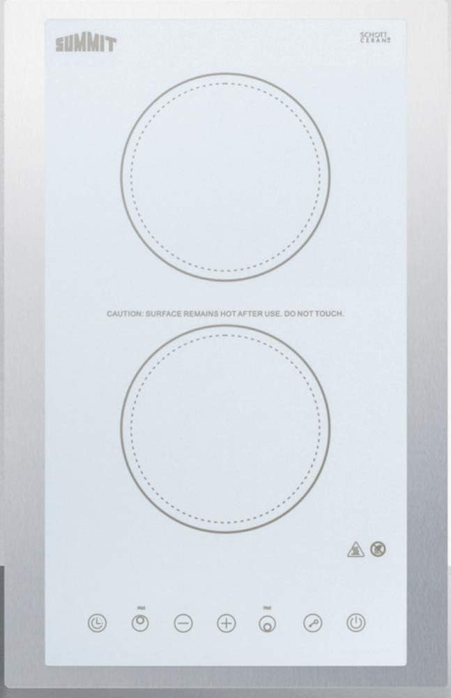 Summit Appliance CR2B15T2WTK15 115V 2-Burner Radiant Cooktop in White Ceramic Glass Surface with Digital Touch Controls & Stainless Steel Frame to Allow Installation in 15" Wide Counter Cutouts
