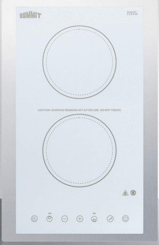 Summit Appliance CR2B15T2WTK15 115V 2-Burner Radiant Cooktop in White Ceramic Glass Surface with Digital Touch Controls & Stainless Steel Frame to Allow Installation in 15" Wide Counter Cutouts