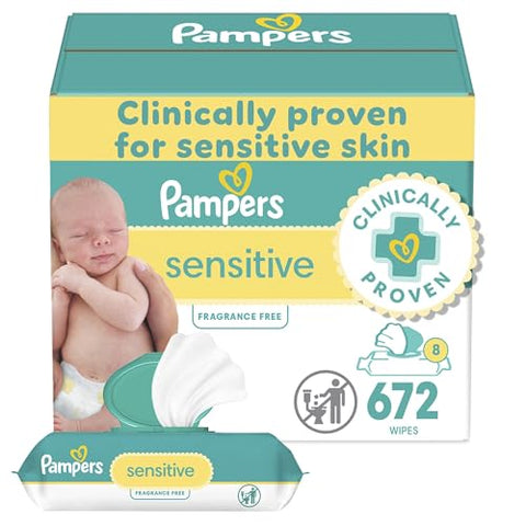 Pampers Baby Wipes Sensitive, Water Based Baby Wipes, Hypoallergenic and Unscented Baby Wipes, 672 Wipes Total (8 Flip-Top Packs)