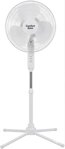 COMFORT ZONE Stand Fan, 16 inch Pedestal Fan for Bedroom, 3 Speed Floor Fan, 90 Degree Oscillation, Adjustable Height, Adjustable Tilt, Oscillating Air Circulator, Quiet Fan for Home or Office, White