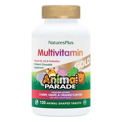 NaturesPlus Animal Parade Gold Children's Multivitamin - Assorted Cherry, Orange & Grape Flavors - 120 Animal-Shaped Chewable Tablets, Pack of 4 - Vegan, Gluten Free - 240 Total Servings