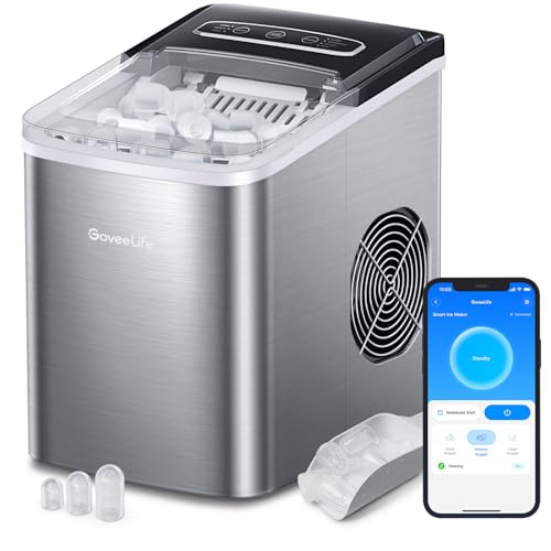 GoveeLife Smart Countertop Ice Makers, Portable Ice Maker Machine with Self-Cleaning, 6 Mins 9 Bullet Ice, 26lbs/24Hrs, Voice Remote for Home Kitchen Party Camping, with Ice Scoop Stainless Silver