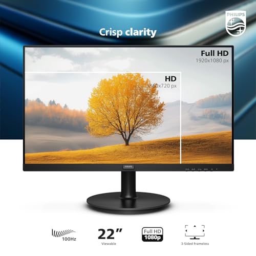 PHILIPS 221V8LB 22 inch Full HD (1920 x 1080) Monitor, 100Hz Refresh Rate, VESA, HDMI x1, VGA x1, LowBlue Mode, Adaptive Sync, 4 Year Advance Replacement Warranty