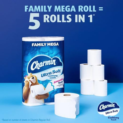 Charmin Toilet Paper Ultra Soft Cushiony Touch, 18 Family Mega Rolls = 90 Regular Rolls