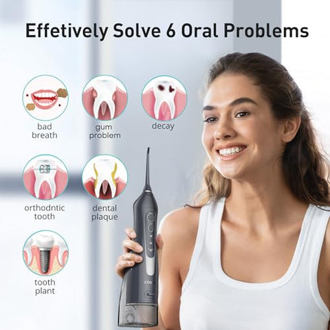 COSLUS Water Dental Flosser Teeth Pick: Portable Cordless Oral Irrigator 300ML Rechargeable Travel Irrigation Cleaner IPX7 Waterproof Electric Flossing Machine for Teeth Cleaning C20(F5020E) Grey