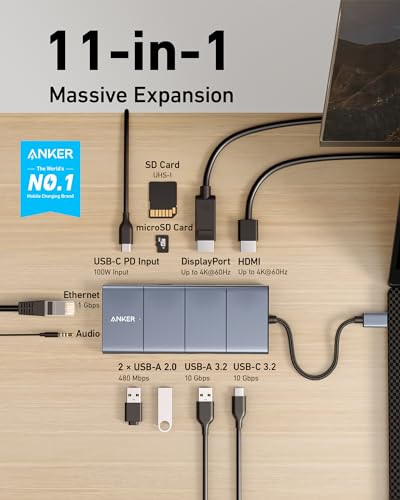 Anker USB C Hub, 565 11-in-1 Laptop Docking station, Dual Monitor Docking Station with 10 Gbps Data Port, 4K HDMI and DisplayPort, 100W Power Delivery, 1 Gbps Ethernet, SD Card Reader for XPS and More