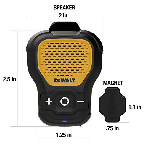 DEWALT Wearable Bluetooth Speaker — Magnetic Clip-On Wireless Jobsite Pro Water-Resistant Portable Speaker — Built-in Mic for Hands-Free Music and Calls,Black