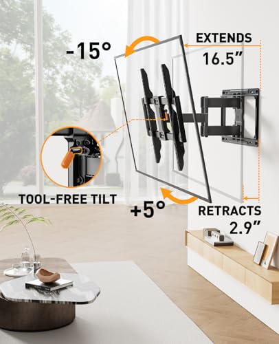 Perlegear UL Listed Full Motion TV Wall Mount for Most 42–84 inch Flat Curved TVs up to 132 lbs, 12″/16″ Wood Studs, Bracket with Articulating Arms, Swivel, Tool-Free Tilt, Max VESA 600x400mm PGLF12