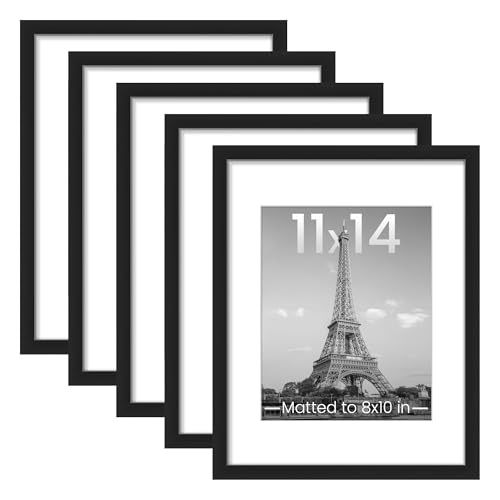 upsimples 11x14 Picture Frame Set of 5, Display Pictures 8x10 with Mat or 11x14 Without Mat, Wall Gallery Photo Frames, Black