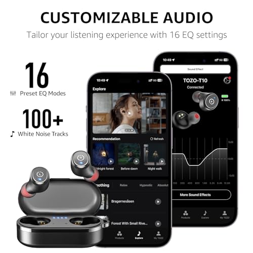 TOZO T10 Wireless Earbuds Bluetooth 5.3 Headphones, App Customize EQ, Ergonomic Design, 55H Playtime, Wireless Charging Case, IPX8 Waterproof Powerful Sound in-Ear Headset Black(New Upgraded)