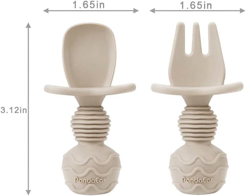 PandaEar 6 Pack Silicone Baby Spoons and Fork Feeding Set- Anti-Choke First Self Feeding Utensils for Baby Led Weaning Ages 3 Months (Blue, Green&Tan)